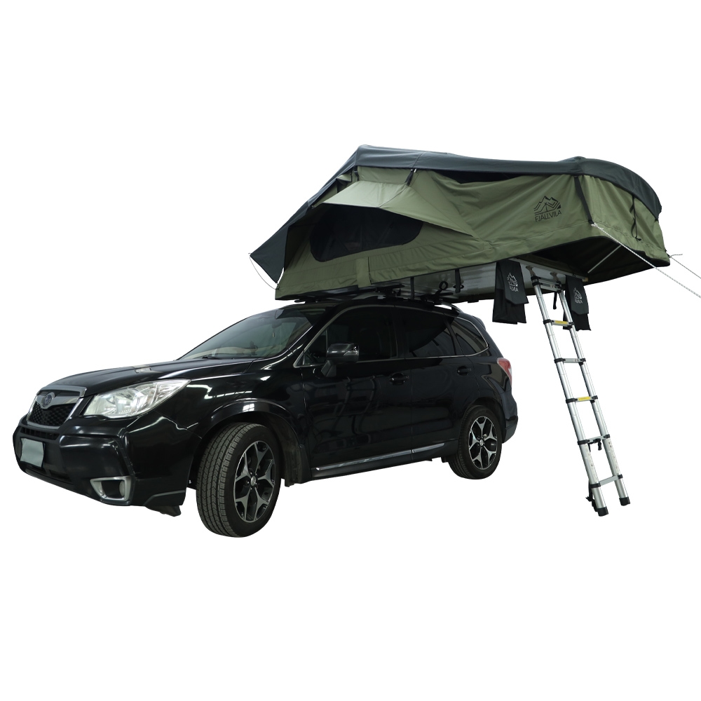 FjällVila UppLöv daktent op auto FjällVila UppLöv 140L Softtop-Dachzelt Khaki-Grün